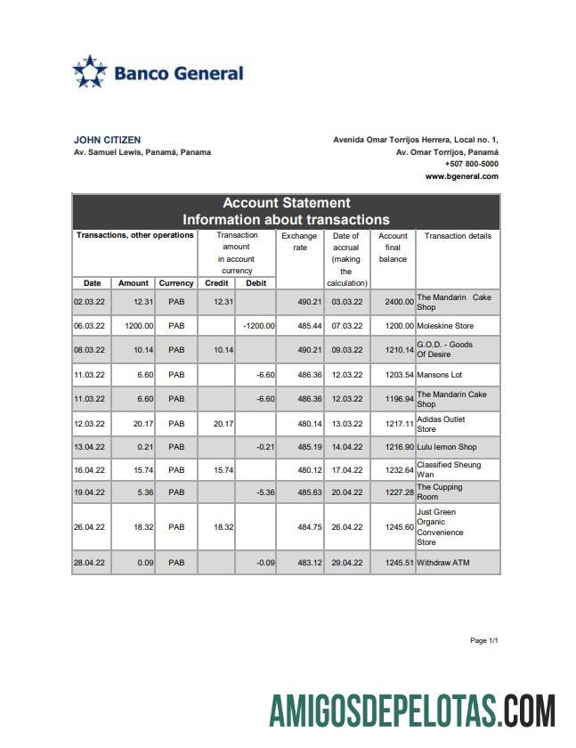 Panama Banco General Bank Statement Xls modelo